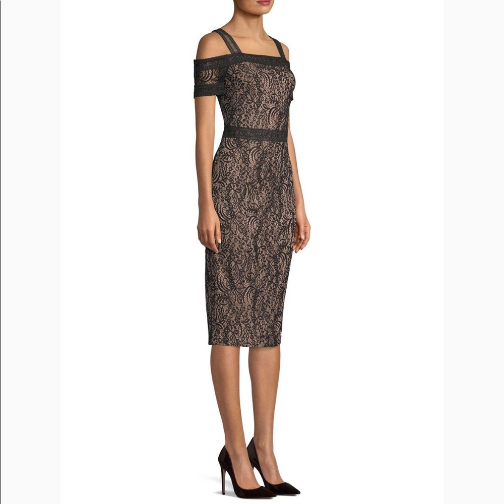 Rachael Roy cold shoulder floral lace midi dress